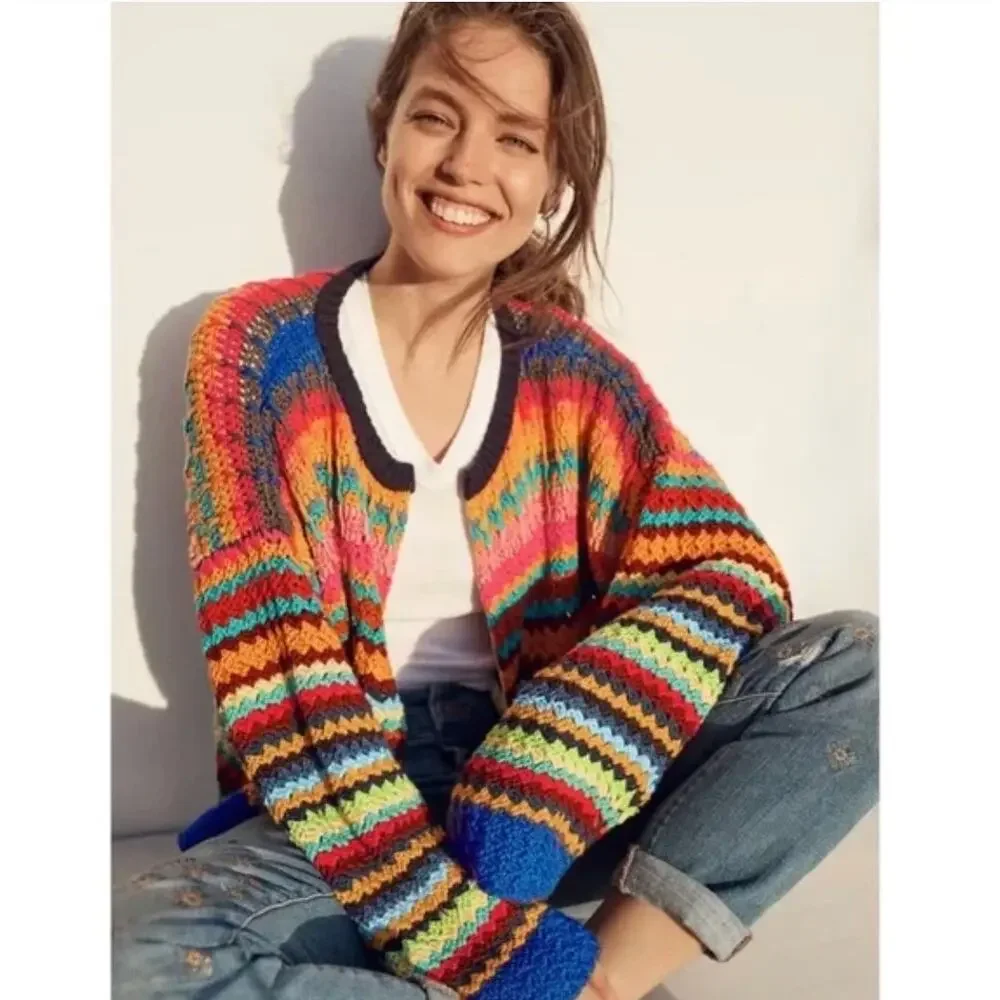 Moth Sweater Small Betty Knit Cardigan Multicolor Crochet Open Knit Boho Artsy - Picture 2 of 15